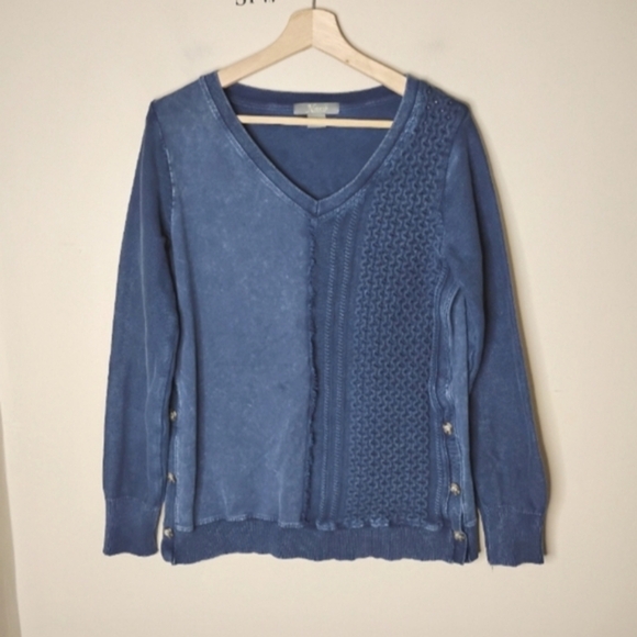 Natural Reflections Acid-Wash Knit Sweatshirt Sz M Cable Panel Side Buttons - Picture 3 of 9